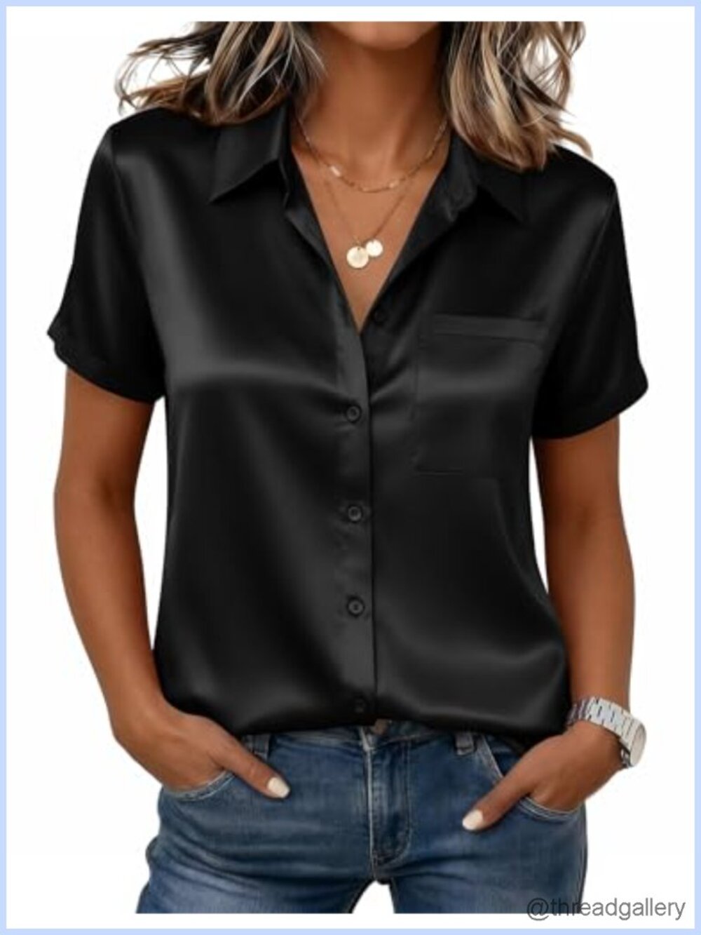 Satin Button Down Short Sleeve Blouse Silk V-Neck Top